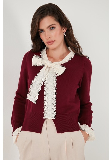 Lela Premium Dantelli Bağlamalı Yaka Regular Fit Düğmeli Triko Bayan Hırka 680Hi00251 Bordo