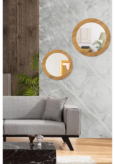 Antik 2 Li Dekoratif Ayna Seti Yuvarlak Banyo Duvar Aynası 69 -56 Açık Kahverengi