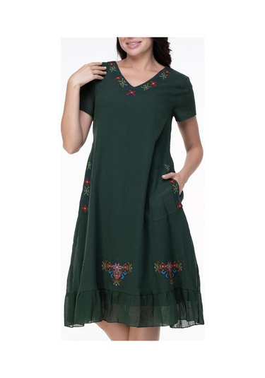 Kısa Kol Şile Bezi Mehtap Midi Boy Nakış Detaylı Elbise Yeşil
