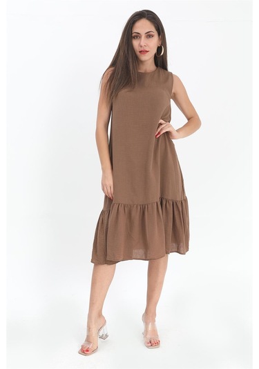 Kristal Keten Kolsuz Kadın Salaş Elbise - Kahverengi-kahverengi