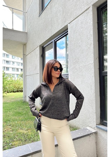 Kadın Antrasit Polo Yaka Basic Bluz, Uzun Kol, Regular Kesim, Günlük Ve Spor Sweatshirt Antrasit