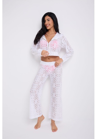 Kapuşonlu Dantel Bluz Beyaz