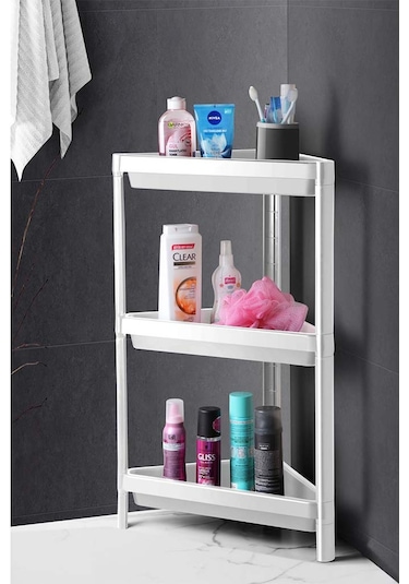3 Katlı Üçgen Köşe Rafı - Banyo, Mutfak, Balkon, Kiler Düzenleyici Raf - Beyaz Beyaz