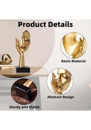 Yunboo Gold Rengli Düşünen Figür Maske Heykeli - Ev Ofis Dekorasyonu İçin Resin Sanat Eseri