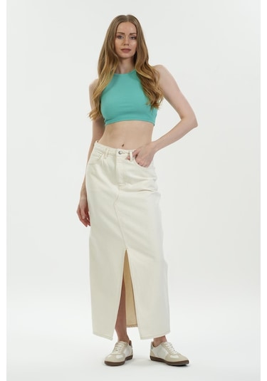 Ekru Yüksek Bel Yırtmaçlı Maxi Jean Etek C 4532-058 Ekru