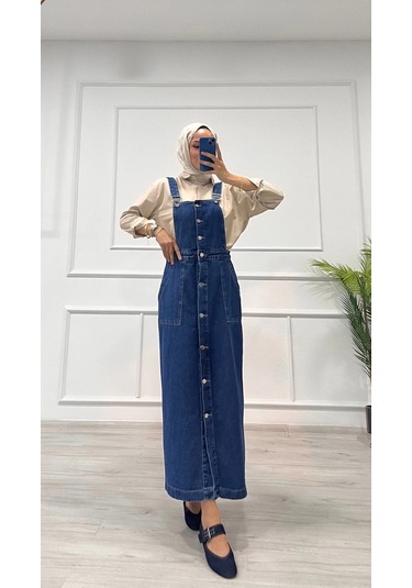 Biçomi Etekli Salopet Enzim Süper Taş Yıkama Koyu Mavi D2521