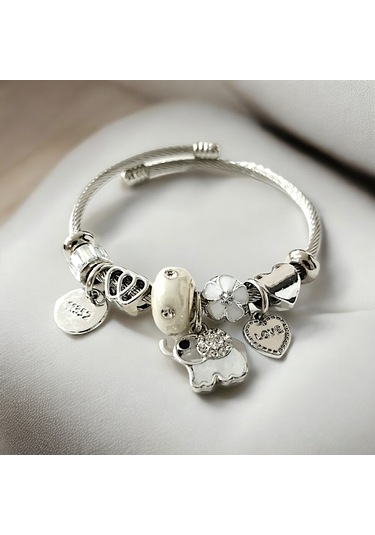 Kadın Çelik Charm Bileklik Bilezik Fil Figürlü Ekru Çelik