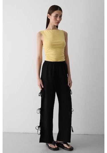Laluvia Siyah Pamuk Yan Yırtmaç Ve Bağlama Detaylı Pantolon M