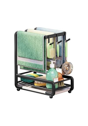 Pazly İşlevsel Mutfak Lavabo Organizatörü, Karbon Çelik, Duvara Monte/tezgah, Havlu Rafları, Sünger Tutucu, Siyah, 28x24,5x14 Cm Siyah