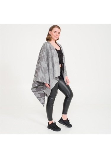 Kaz Ayağı Desen Çift Taraflı Triko Kadın Şal Panço-Antrasit-140X140 Antrasit