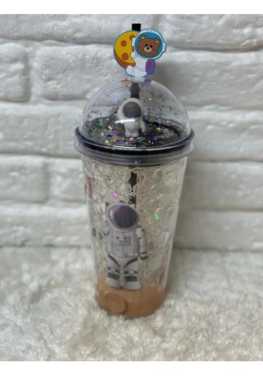 Pipetli Bardak Matara Sevimli Suluk 450 Ml Çift Astronot Figürlü Gri