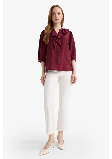 Defacto Regular Fit Bisiklet Yaka Volanlı Uzun Kollu Gömlek E9922ax25aubr194 Bordo