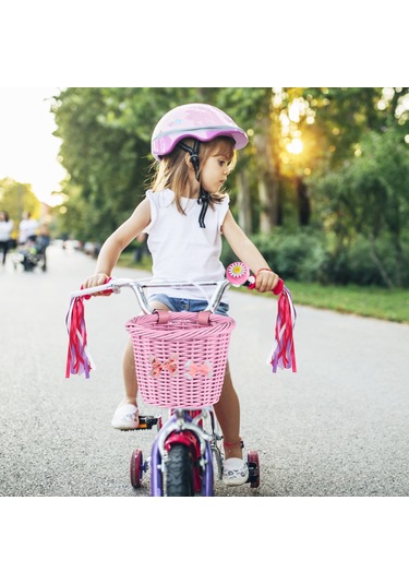 Folinda Küçük Pembe Çocuk Bisikleti Aksesuar Seti: Plastik Simülasyon Sünger Sepet + Zil + Sticker + Düğüm, 12-18 İnç Bisikletlere Uygun Pembe