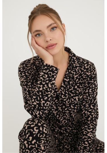 Luxury Soft Siyah Leopar Desenli Uzun Kollu Kadın Pijama Takımı 3058 Leopar2