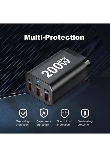 Topshop1 Siyah Yms-618 200w Gan Iıı 6 Portlu Usb C Şarj Aleti Qc3 1 Pd 100w Dizüstü Şarj Adaptörü Macbook İphone Uyumlu Galaxy Uyumlu S24 S23 S22 İçin