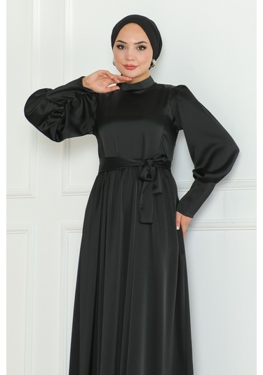 Kuşaklı Saten Abiye 1136 - Siyah