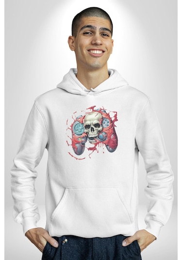 Oyun Kumandası İnsanı Ele Geçirişi Kadın Erkek Beyaz Kapüşonlu Sweatshirt Hoodie Beyaz