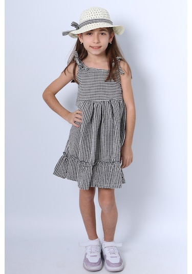 Kız Çocuk Şapkalı Elbise Kareli Fiyonklu B33 Siyah