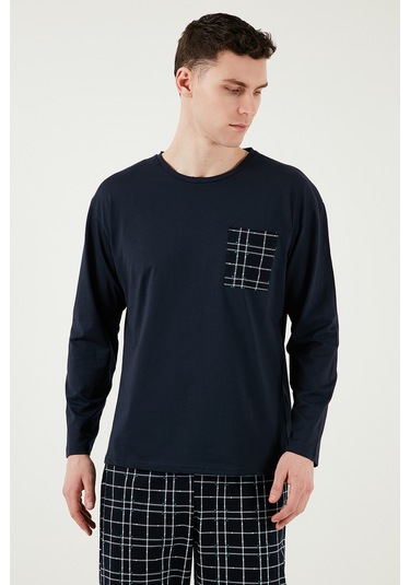 Buratti Ekoseli Cepli Beli Lastikli % 100 Pamuk Regular Fit Erkek Pijama Takımı 6572001 Lacivert-Yeşil