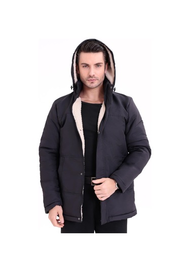 Erkek İçi Kürklü Çıkma Kapüşon Su Ve Rüzgar Geçirmez Kapüşonlu Kışlık Mont & Kaban & Parka Siyah