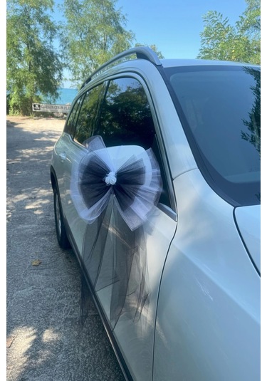 30 Adet Beyaz Siyah Kristal Tül Beyaz Latex Gül Kuyruk Detaylı Düğün Nikah Kına Sünnet Konvoy Süsü Beyaz Siyah