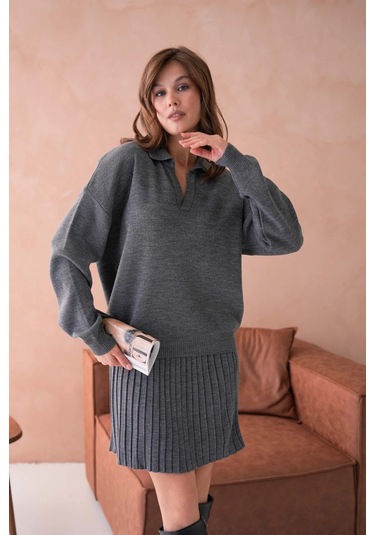 Kadın Polo Yaka Düşük Kol Kazak Kısa Etek İkili Triko Takım Antrasit