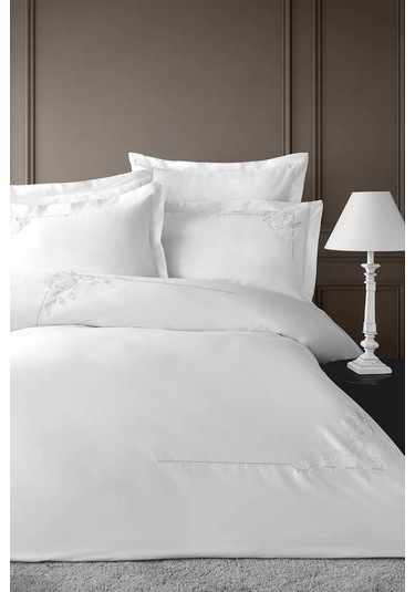 İssimo Voyant Classic Nakışlı 300 Tc Saten Nevresim Takımı Çift Kişilik-2128 Beyaz