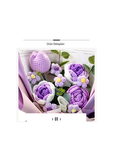 Ayçiçeği Yün Buket Bitmiş Örme Çiçek El Örgüsü Gül Anneler Günü Hediyesi Dark Purple