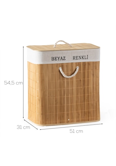 Porsima Pbt-440 Çift Bölmeli Kapaklı Kirli Çamaşır Sepeti Dikdörtgen - İki Bölmeli Bambu Kirli Çamaşır Sepeti Bambu