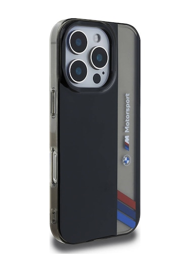 İphone 16 Pro Uyumlu Kılıf Bmw Lisanslı M Logolu Üç Renk Çizgili Motorsport Vertical Stripe Siyah