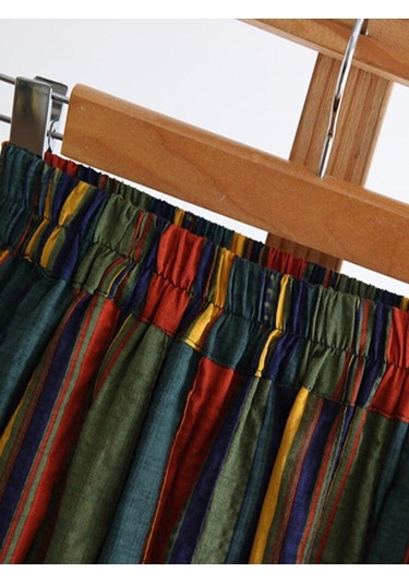 Qooth İlkbahar Yaz Kadın Yüksek Belli Renkli Şerit A-line Etek Vintage Midi A-line Uzun Etek Büyük Salıncak Ile Qt1718 Yeşil