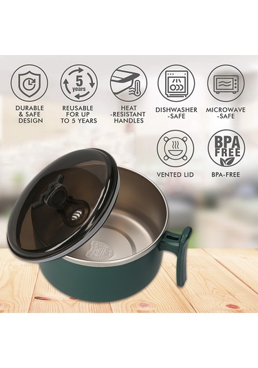 Neevoyu Yeşil Isı Yalıtımlı El Kolu 1000ml 304 Paslanmaz Çelik İç Kabuklu Mikrodalga Uyumlu Yemek Kutusu - Çorba, Makarna, Öğle Yemeği İçin Pratik Kap Yeşil