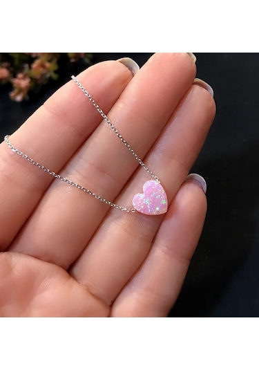 Stela Opal Pembe Kalp Gümüş Kolye
