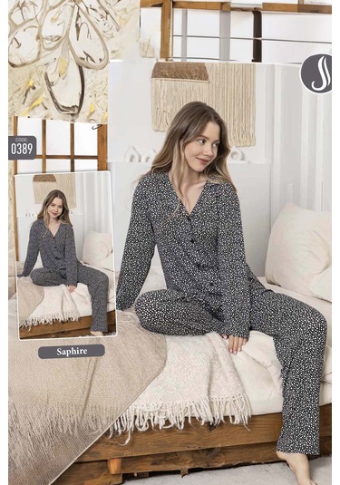 Kadın Benek Desen Düğmeli Saphire Pijama Takımı 0389 Siyah Siyah