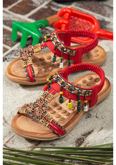 Khayt Alice Anatomik Fashion Taşlı Çocuk Sandalet Kırmızı