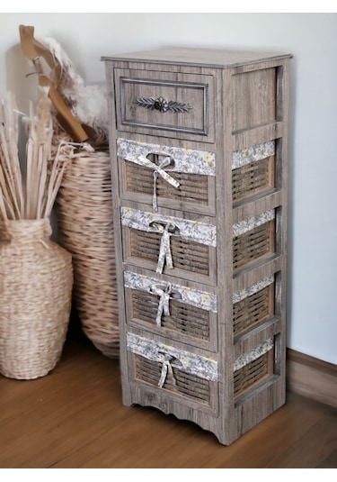 Ahşap 5 Çekmeceli Hasır Görünümlü Sebzelik Rustik