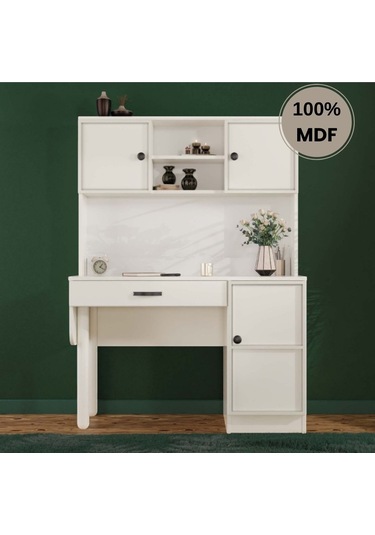 Zambak Mdf Kitaplıklı Dolaplı Çalışma Masası Krem