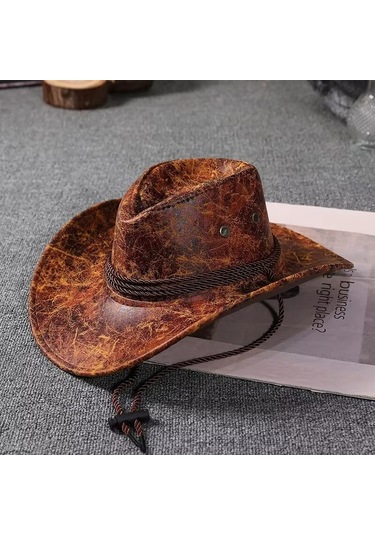 Linchen Suni Deri Kovboy Şapkası Kadın Erkek Vintage Panama Şapka Batı Stili Ordu Yeşil Xs