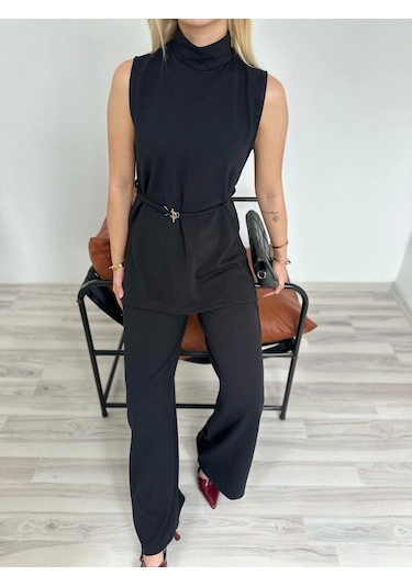 Keymoda Kadın Dik Yaka Bağcıklı Pantolon Takım Siyah Siyah