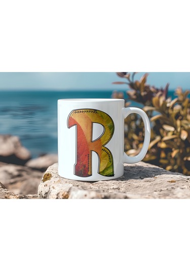 R Harf Yaprak Renkleri İle Kupa Bardak - Kişiye Özel Alfabe Harfli Bardak - Hediye Beyaz