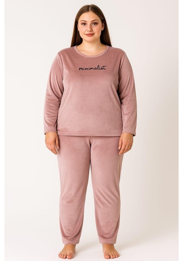 Kadın Büyük Beden 13213 Uzun Kol Kadife Pijama Takımı Pudra Pudra