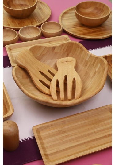 Atbyhome Bambu Glow 6 Kişilik 31 Parça Doğal Bambu Kahvaltı Takımı Kahvaltı Seti Sunum Seti Bambu