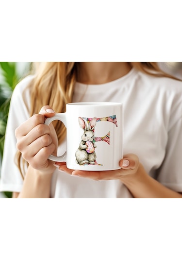 F Harfli Tavşan Kupa - Patchwork / Yamalı Desenli İsme Özel Kupa - Pastel Vintage Tarz Hediyelik Beyaz