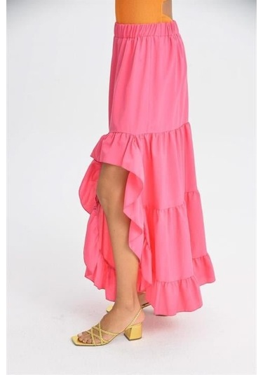 Audrey Fıfrlı Yırtmaç Detay Etek 4037 Fuşya