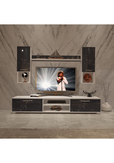 Decoraktiv Eko 5da Mdf Dvd Tv Ünitesi Tv Sehpası Beyaz - Siyah Mermer