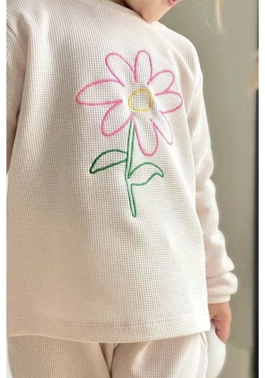 Kız Çocuk Gofre Kumaş Papatya Çiçek Nakışlı Alt Üst Takım Ekru