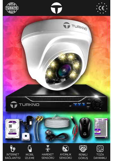 Turkno 1 Kameralı Domie 1 İç Kamera Set 100 GB HDD Full HD Renkli Gece Görüşlü Güvenlik Kamerası Sistemi