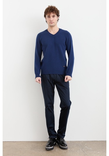 Erkek V Yaka Basic Yün Kazak İndigo İndigo