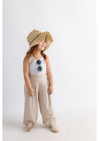 Oliventhekid Korsajlı Büzgülü Keten Kız Çocuk Pantolon Bej Bej