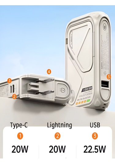 5'in 1 Pd 22.5w Hızlı Şarj Powerbank - 10000mah, Kablolu Ve Kablosuz Standlı Çoklu Fişli Şarj Cihazı Bej
